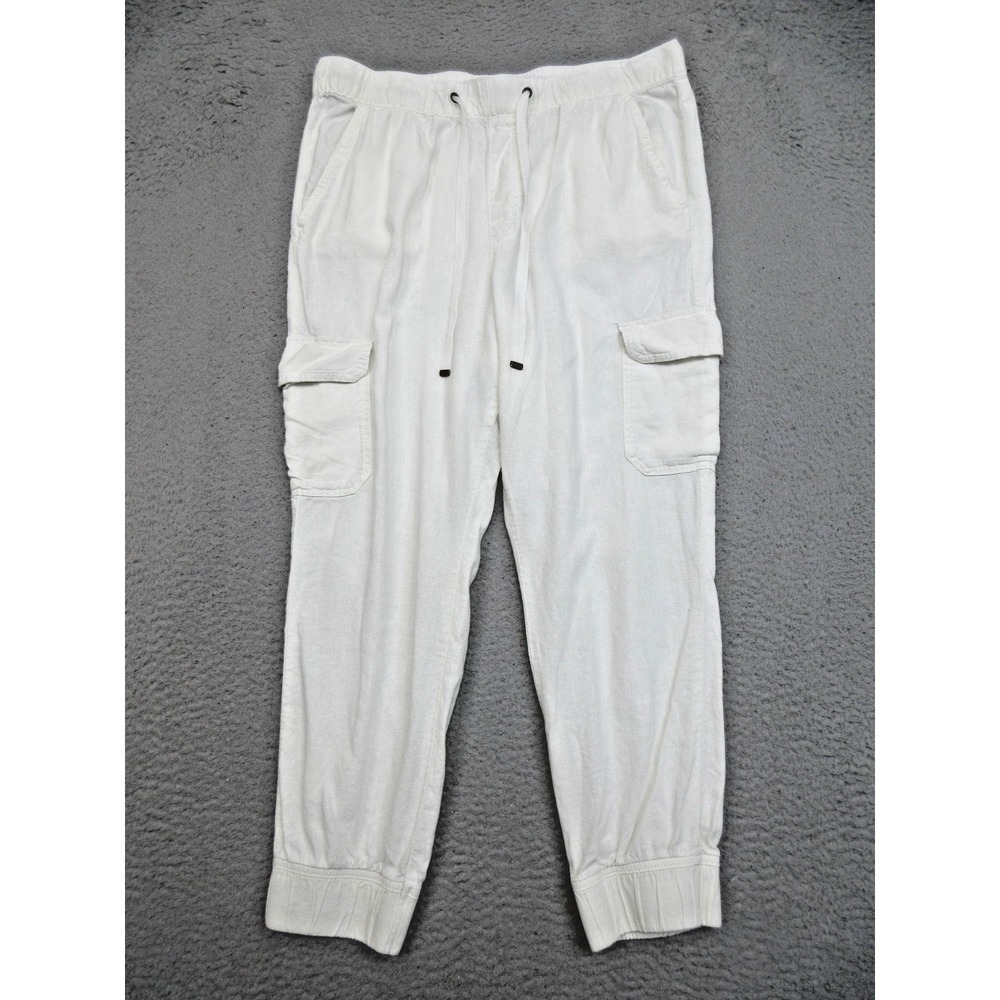 Womens L White Linen Blend Cargo Jogger Pants Drawstring Coastal Beach Utility